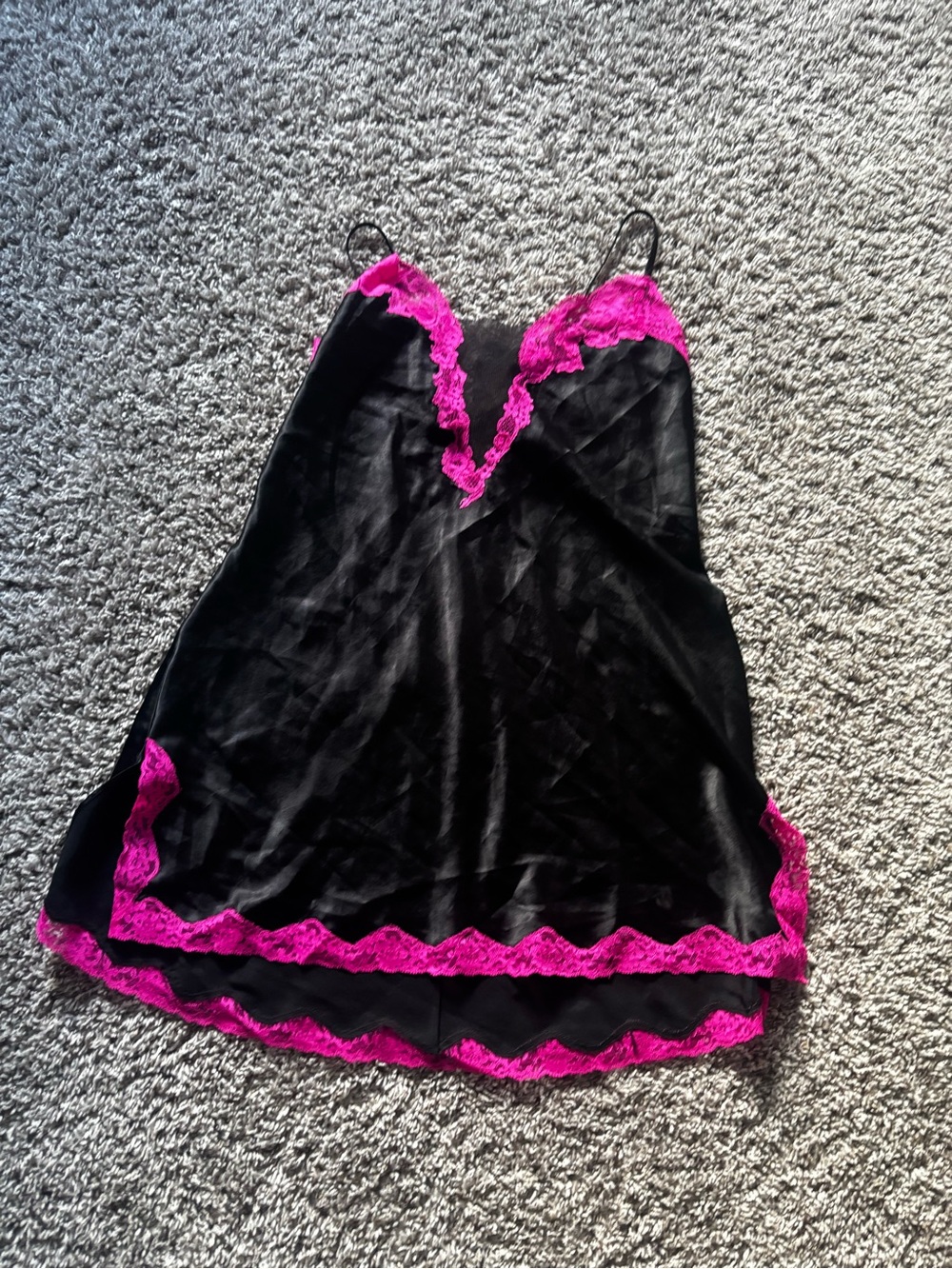 Victoria's Secret Vintage Black Satin Chemise with Hot Pink Lace